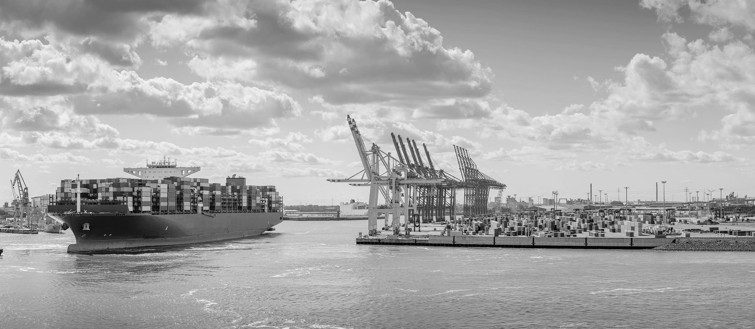 Container ship arriving at Hamburg terminal